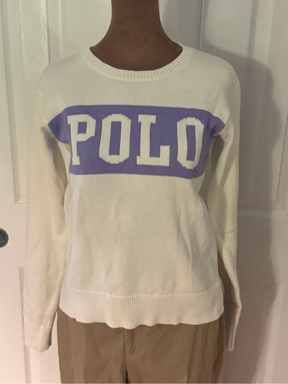 Polo by Ralph Lauren 100% Cotton Cream Crewneck Sweater with Lavender POLO Panel